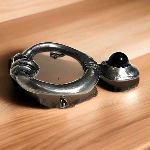 Vtg Eivind Hillestad Signed Norway 801 Pewter Brooch Scarf Fibula Pin Black Onyx - Picture 6 of 9